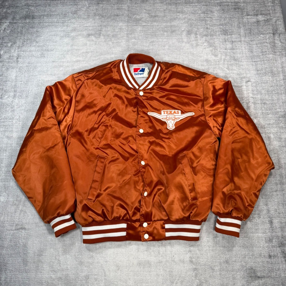 Texas Longhorns Jacket Mens Large Orange Vintage 80s Swingster Satin Bomber NCAA